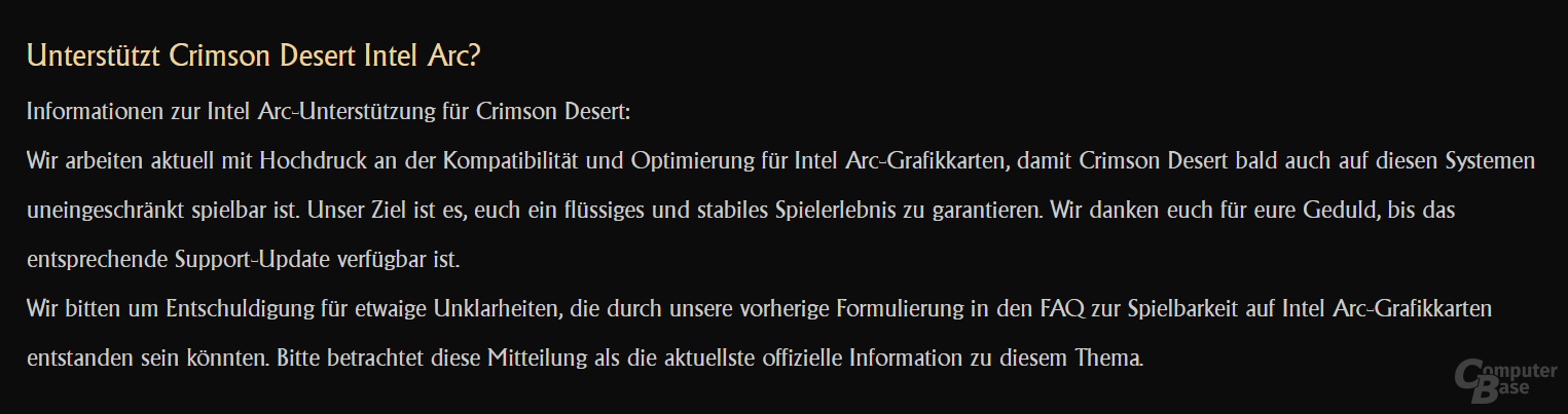 Die neue Fassung der FAQ verspricht baldigen Support für Intel Arc