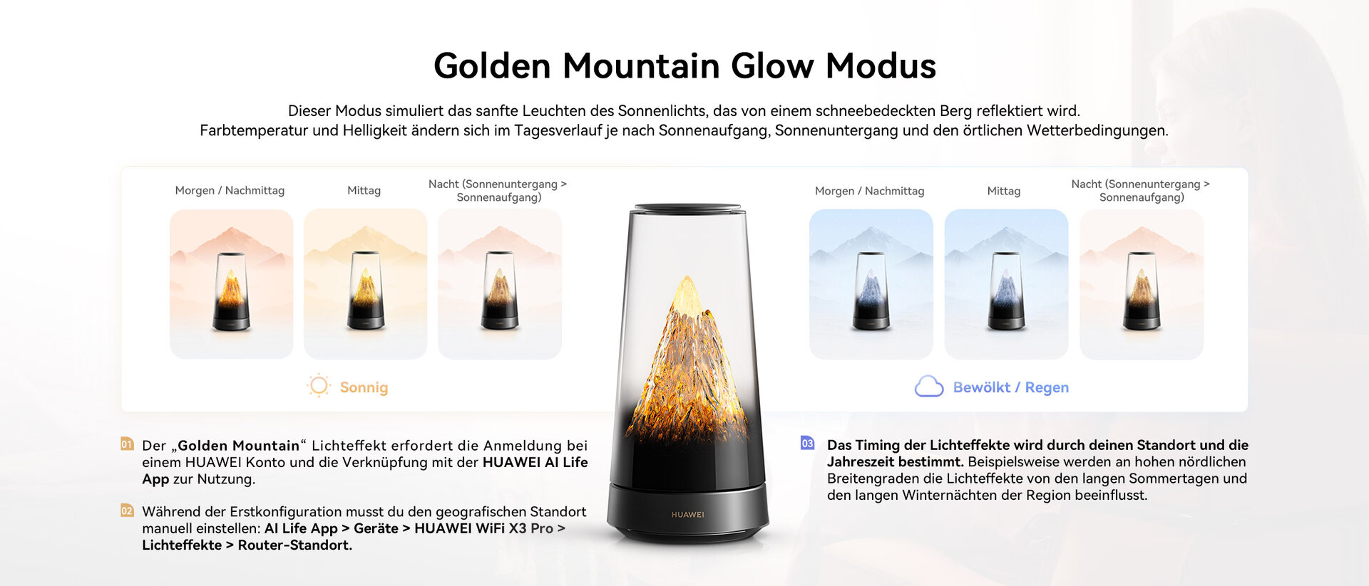 Beleuchtungsmodus „Goldener Berg“ berücksichtigt Wetter und Tageszeit