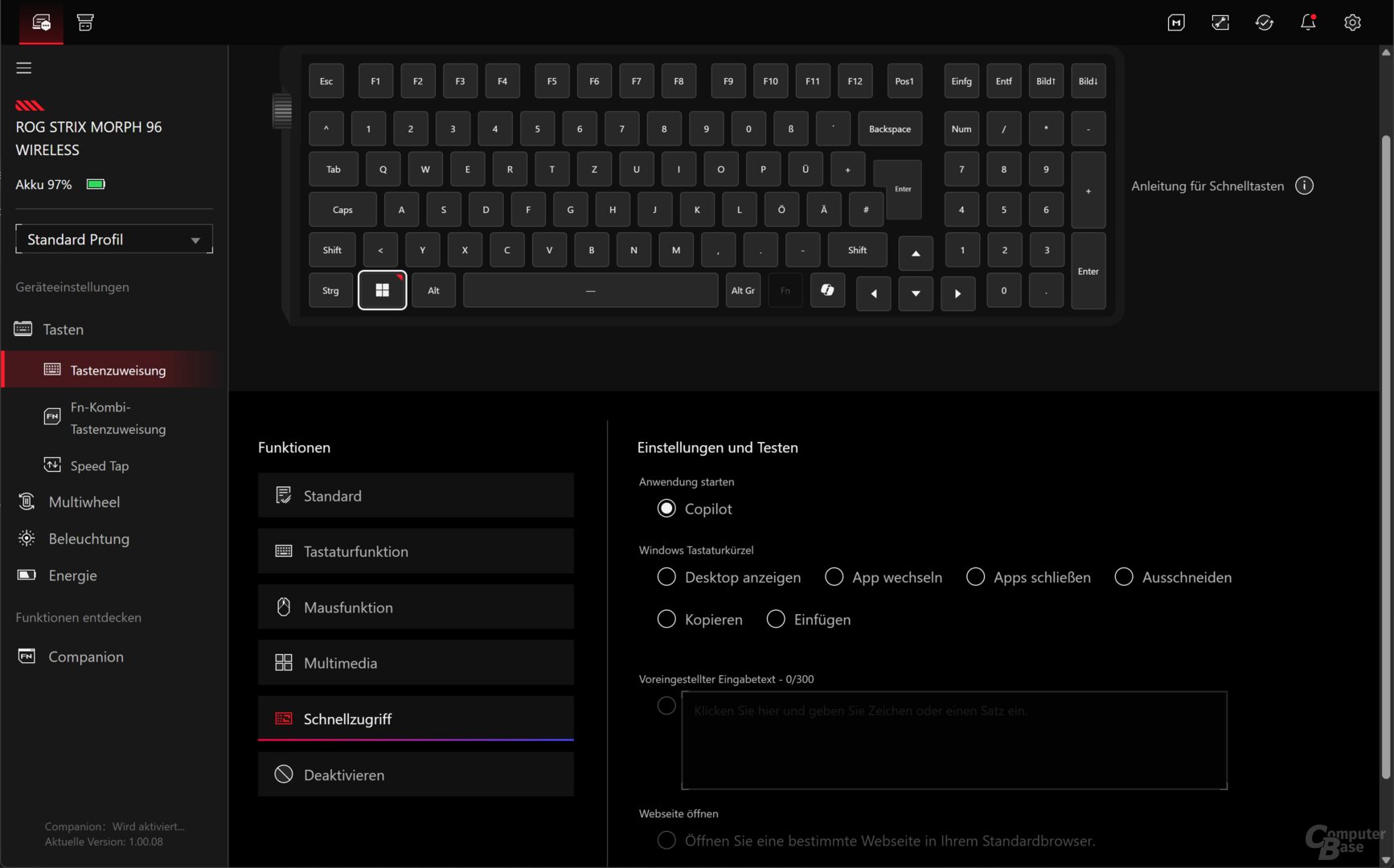 Tasten können u.a. mit Textausgaben, Webeiten-Links und Windows-Funktionen belegt werden