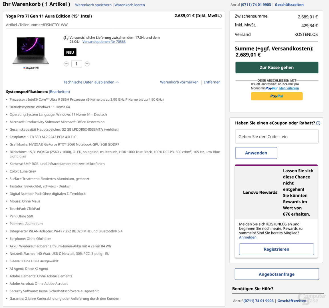 Am 2. April rief Lenovo noch 2.700 Euro auf, jetzt sind es 3.100 Euro