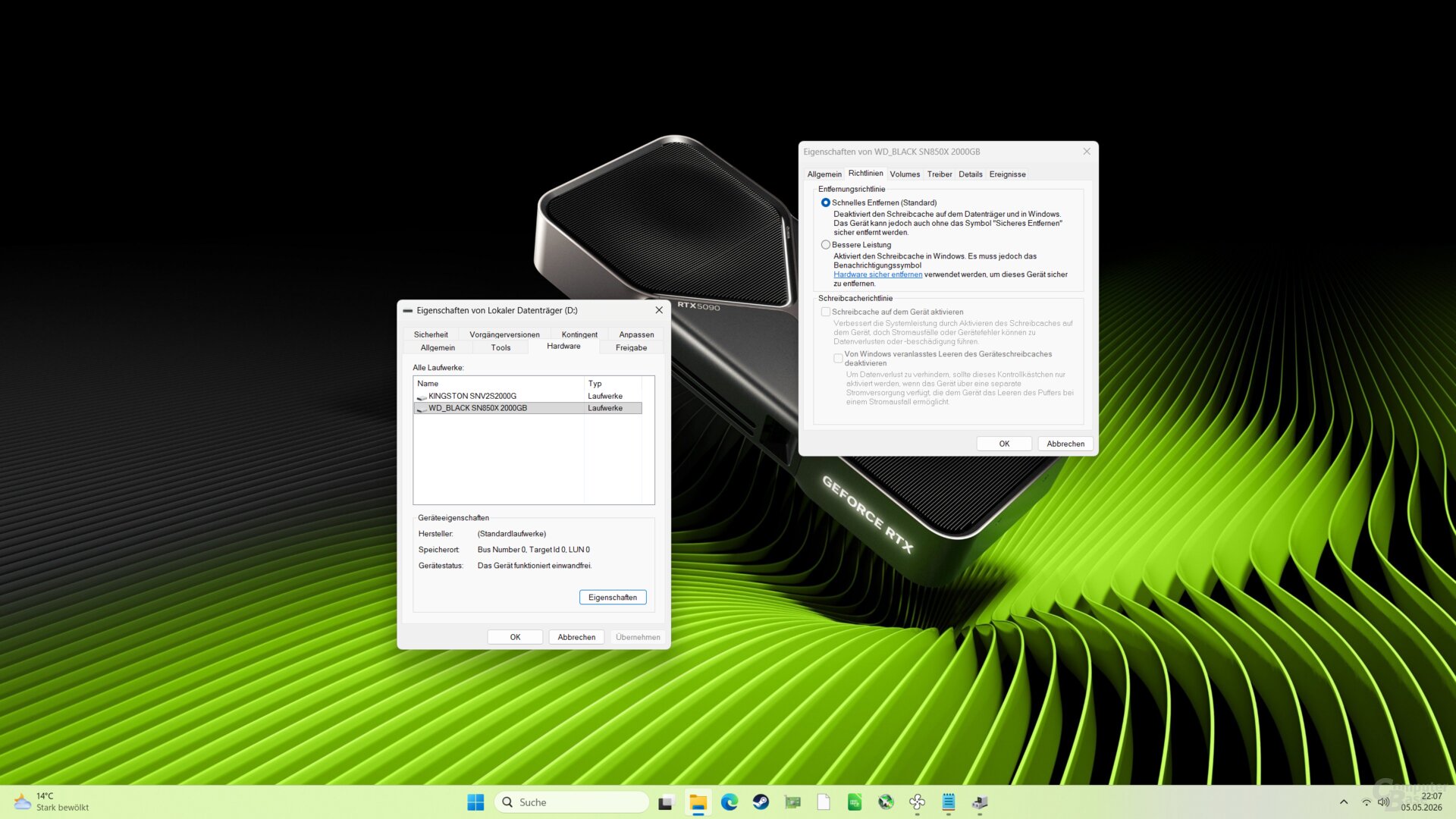 Normal ist der Schreibcache bei externen Datenträgern unter Windows für „Schnelles Entfernen“ deaktiviert
