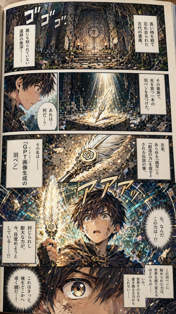 „Make a sample page of a colorized Japanese shonen adventure manga. The page should vividly depict our main character found a magical quill. The name of the quill is called the Quill of GPT Image. Make it dramatic. The magical quill has strong power sealed inside it.“