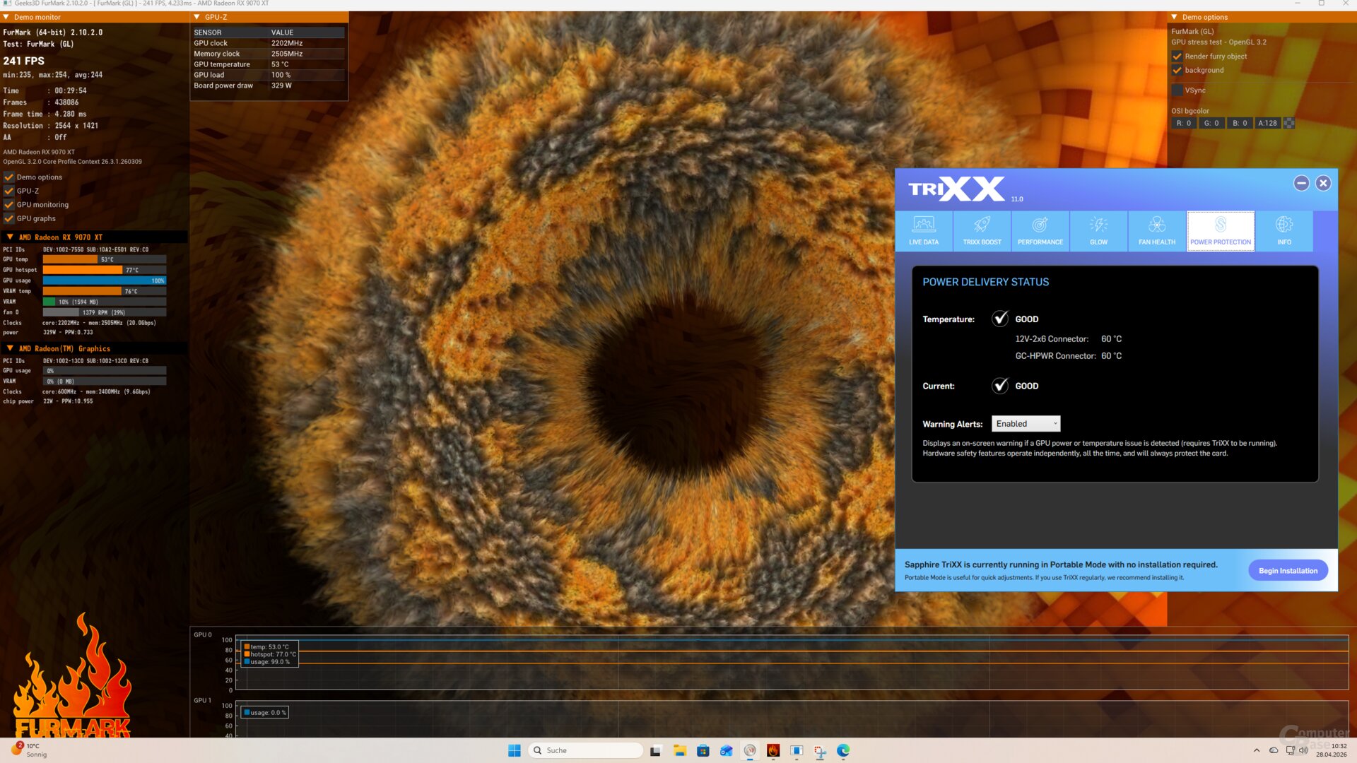 Die Temperaturen der beiden Stromanschlüsse der Nitro+ PhantomLink zum Start der 30-Minuten-Volllastphase und zum Ende hin (GC-HPWR in Verwendung)