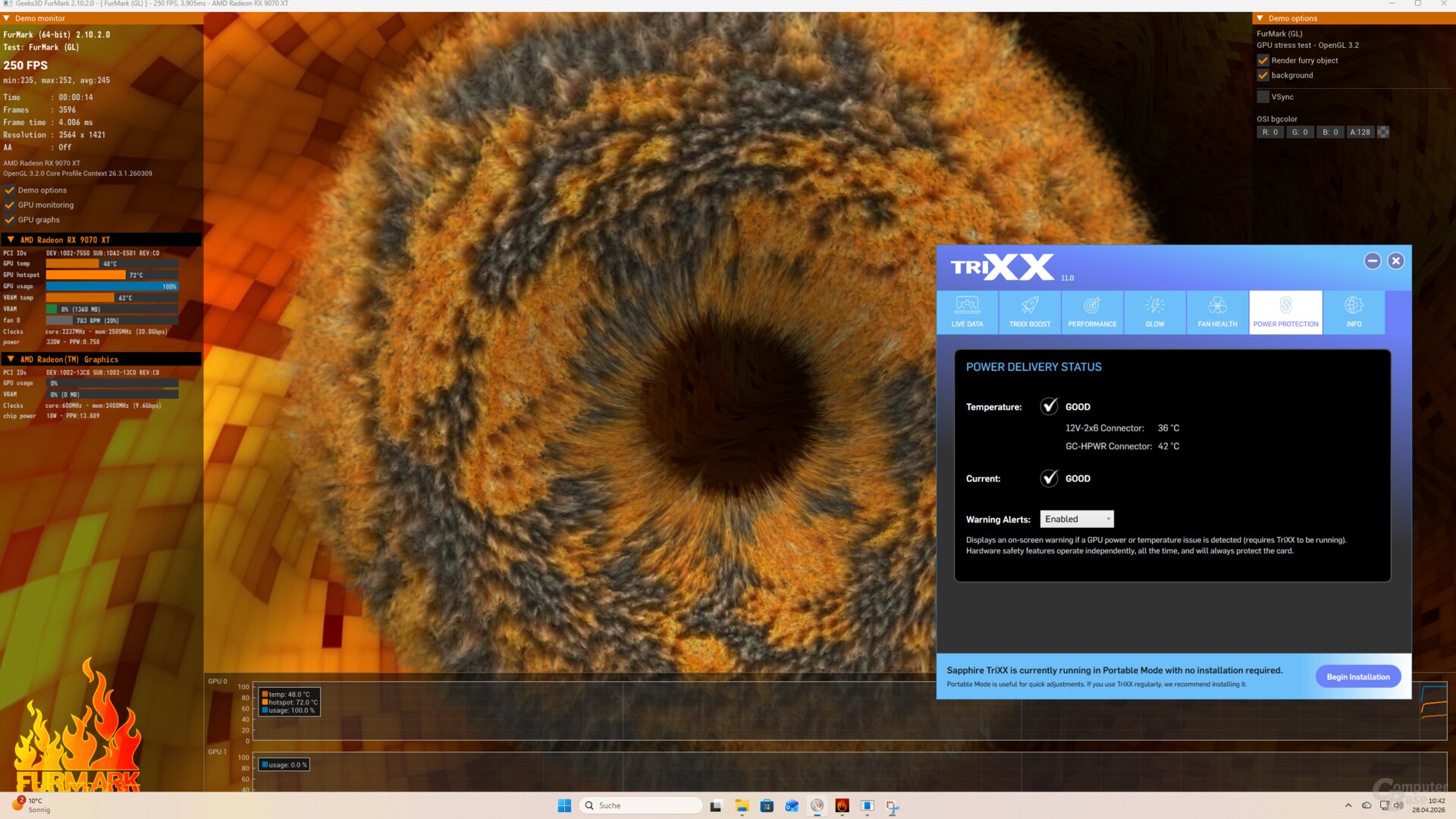 Die Temperaturen der beiden Stromanschlüsse der Nitro+ PhantomLink zum Start der 30-Minuten-Volllastphase und zum Ende hin (12V-2x6 in Verwendung)