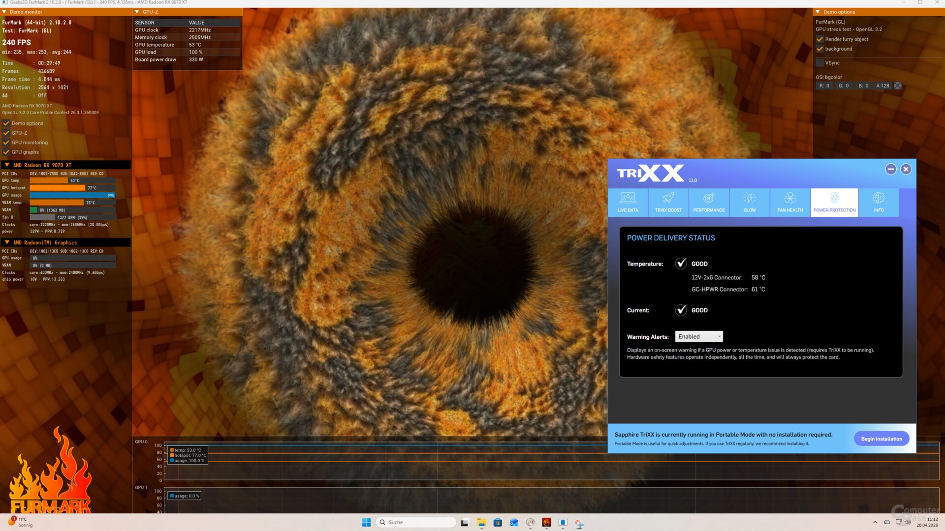 Die Temperaturen der beiden Stromanschlüsse der Nitro+ PhantomLink zum Start der 30-Minuten-Volllastphase und zum Ende hin (12V-2x6 in Verwendung)