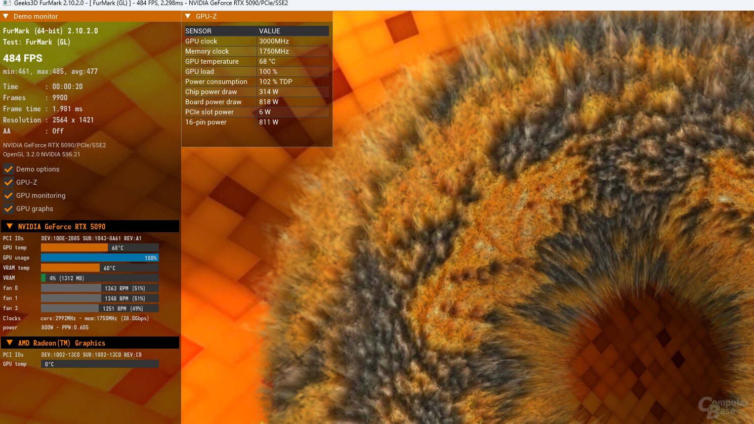 Kein Problem: Die Asus GeForce RTX 5090 ROG Matrix Platinum Edition auf dem PhantomLink-Mainboard von Sapphire mit 800+ Watt Verbrauch über 12V-2x6 und GC-HPWR in Kombination