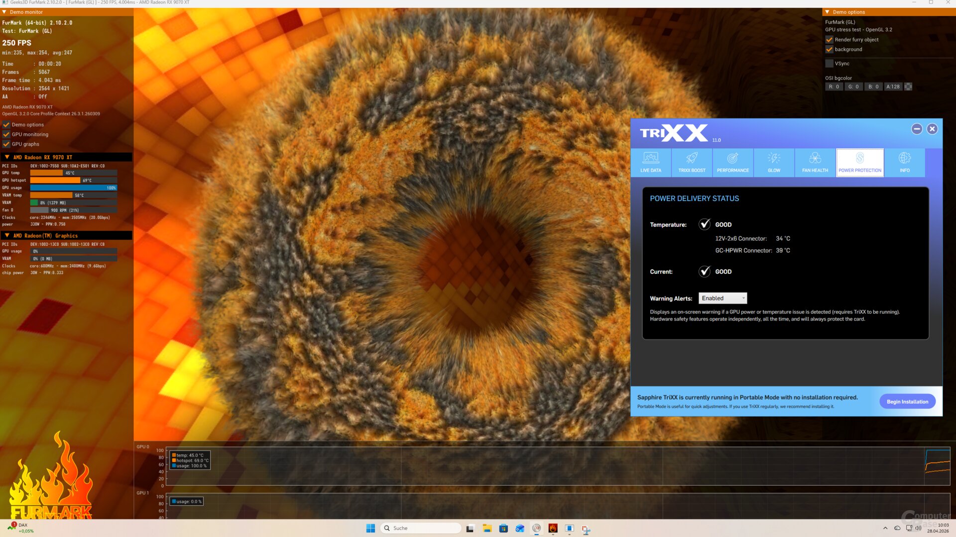 Die Temperaturen der beiden Stromanschlüsse der Nitro+ PhantomLink zum Start der 30-Minuten-Volllastphase und zum Ende hin (GC-HPWR in Verwendung)