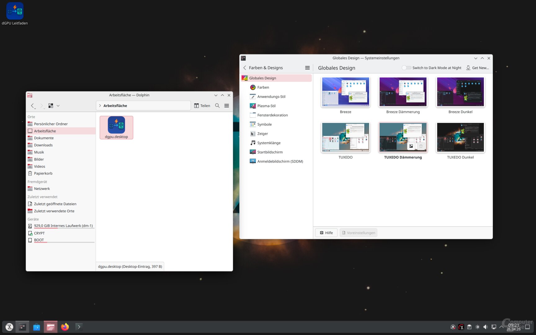 TUXEDO OS kommt mit einem eigenen KDE-Theme