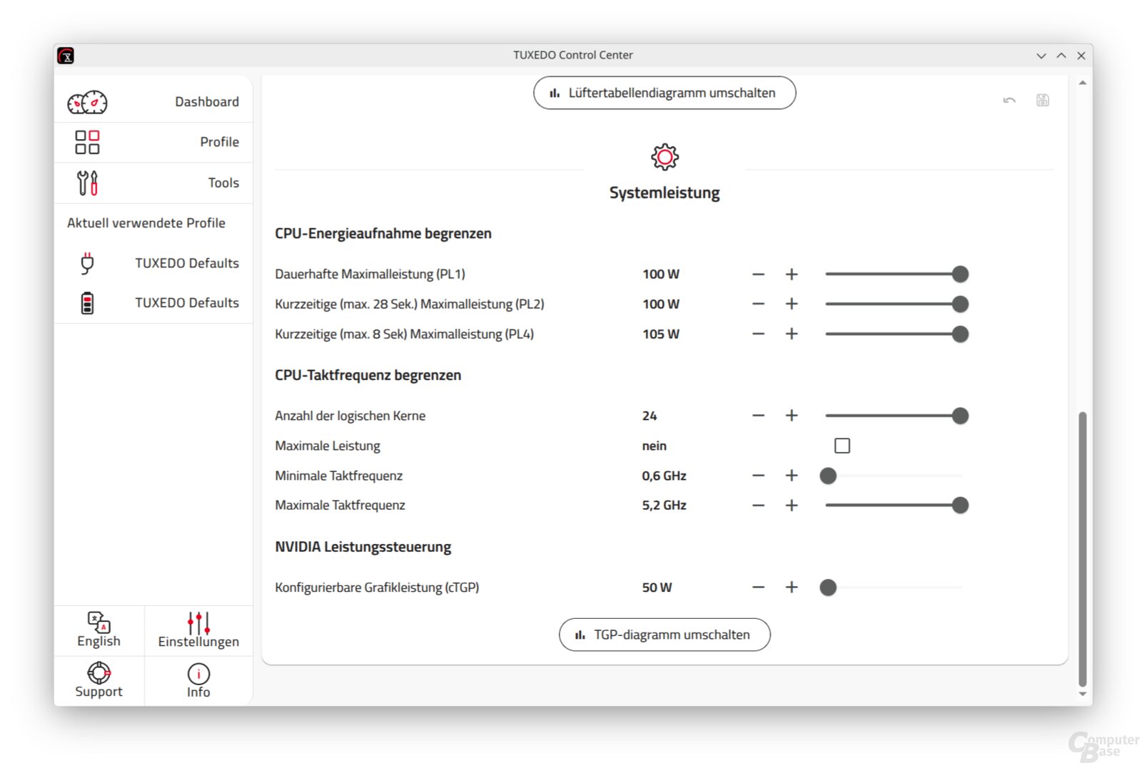 Der Stromverbrauch lässt sich für Prozessor und Grafikarte eingrenzen.