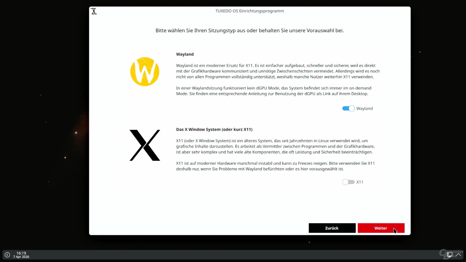 Als erste Wahl kann der Nutzer zwischen Wayland und X11 wählen. Wayland ist vorausgewählt.