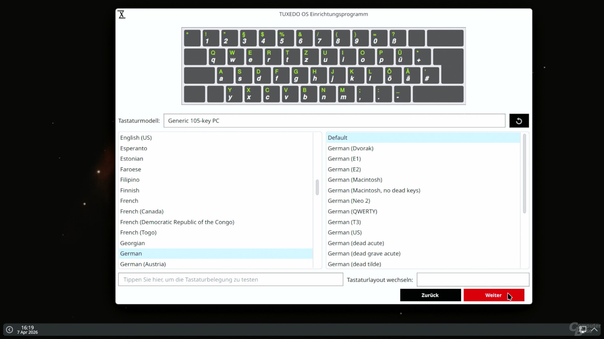 Als nächstes steht die Wahl des Tastatur-Layouts an.