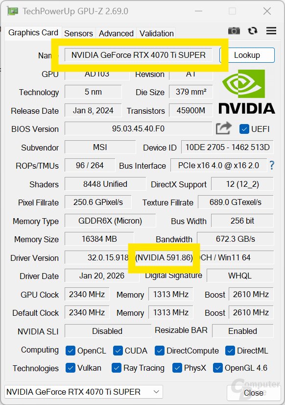 Informationen zur GPU und deren Treiber in GPU-Z