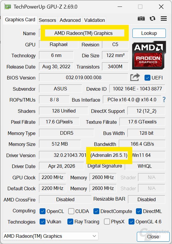 Informationen zur GPU und deren Treiber in GPU-Z