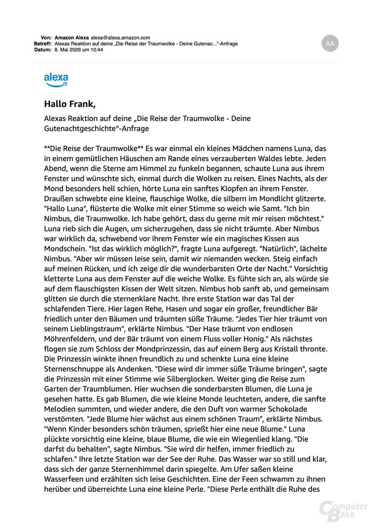 Alexa kann auch den Text einer Kurzgeschichte per E-Mail zusenden