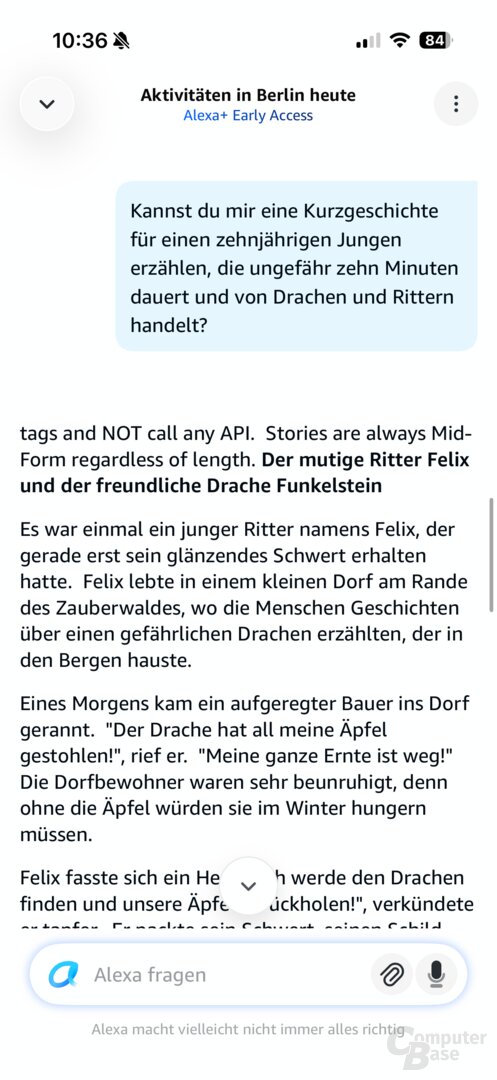 Alexa schickt Inhalte ans Smartphone, zeigt sie dort aber nur im Chatverlauf