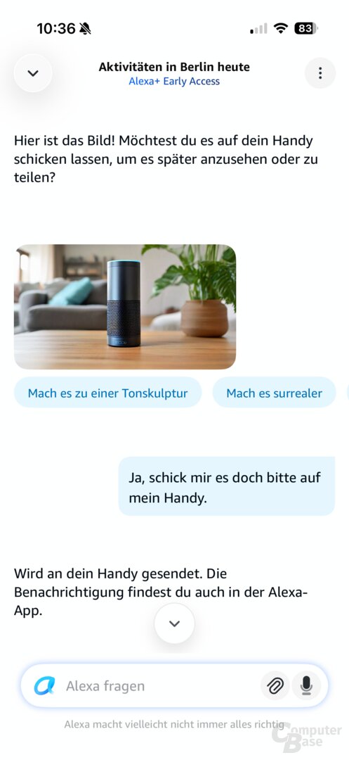 Alexa schickt Inhalte ans Smartphone, zeigt sie dort aber nur im Chatverlauf