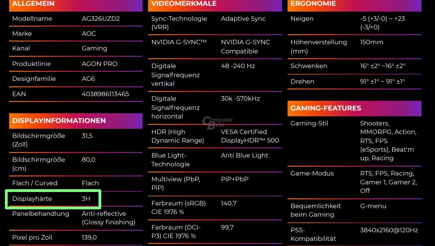 Die Angabe „Displayhärte 3H“ passt zu Samsung QuantumBlack