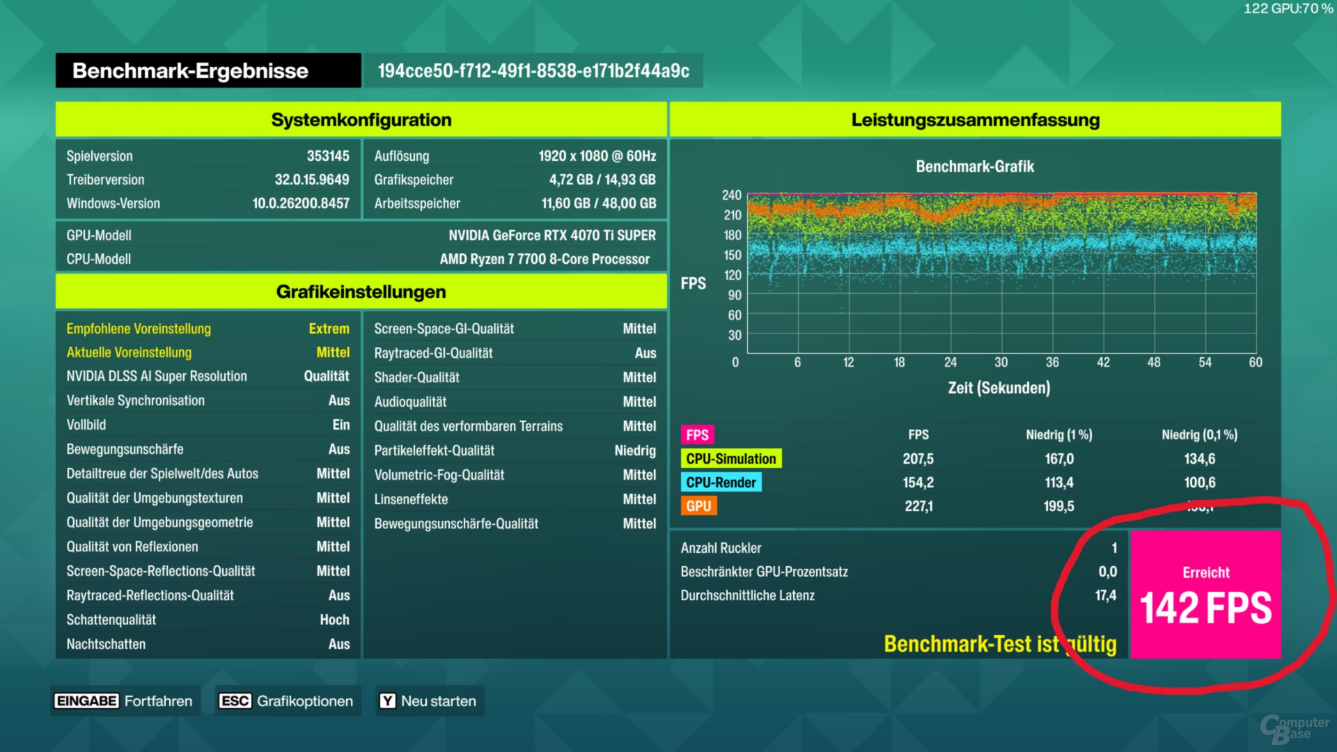 Der integrierte Benchmark findet sich in den Optionen unter „Grafik & Performance“, gesucht wird das Gesamtergebnis in FPS (rosa)