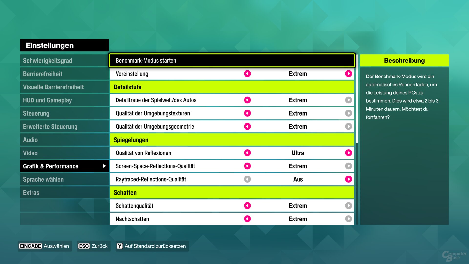 Der integrierte Benchmark findet sich in den Optionen unter „Grafik & Performance“, gesucht wird das Gesamtergebnis in FPS (rosa)