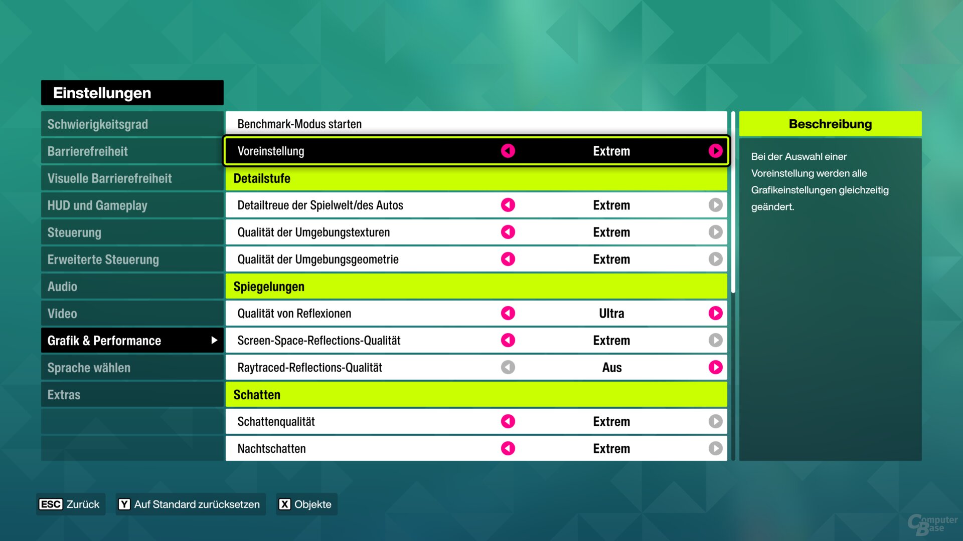 Presets: „Mittel“ in Full HD, „Extreme“ in WQHD und „+RT extrem“ in UWQHD und UHD
