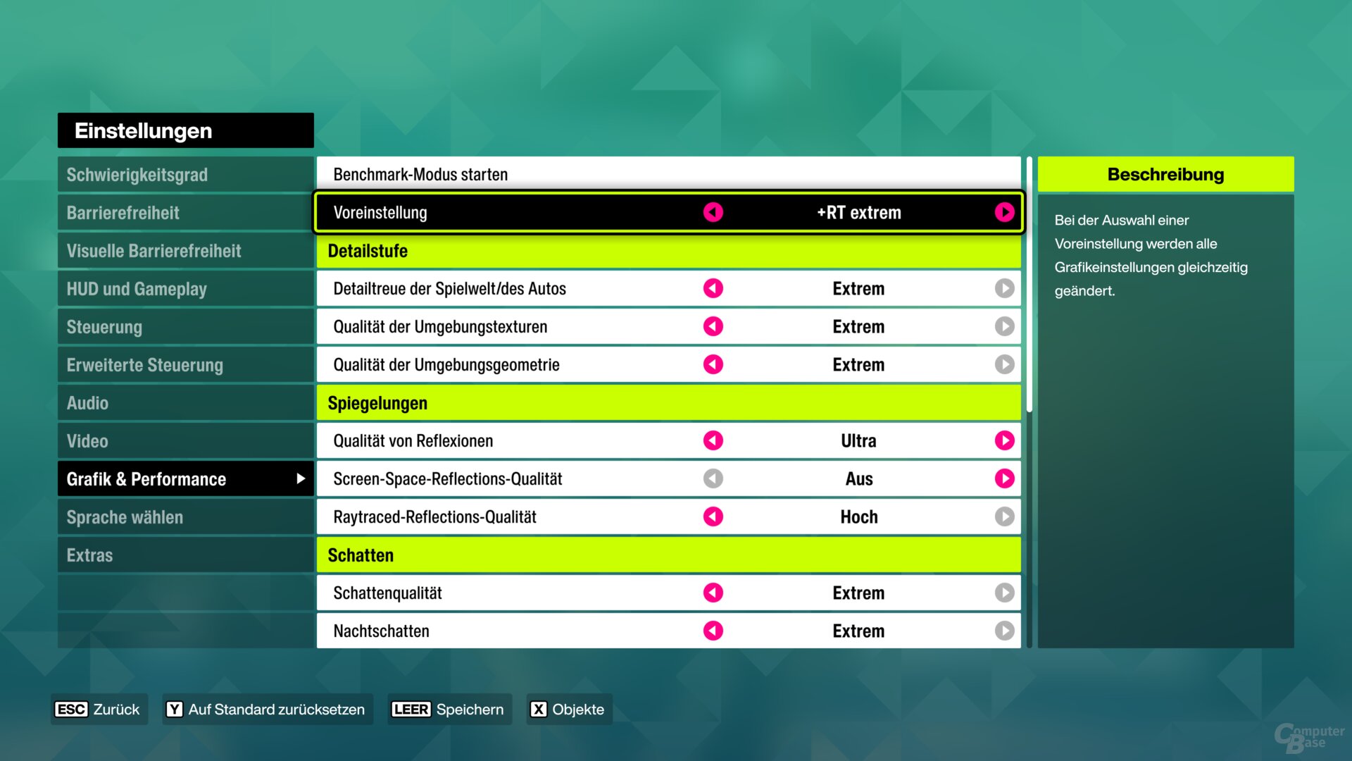 Presets: „Mittel“ in Full HD, „Extreme“ in WQHD und „+RT extrem“ in UWQHD und UHD