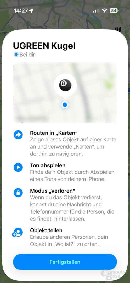 Optionen des Ugreen FineTrack 2 in der Wo-ist?-App