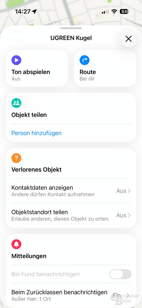 Optionen des Ugreen FineTrack 2 in der Wo-ist?-App