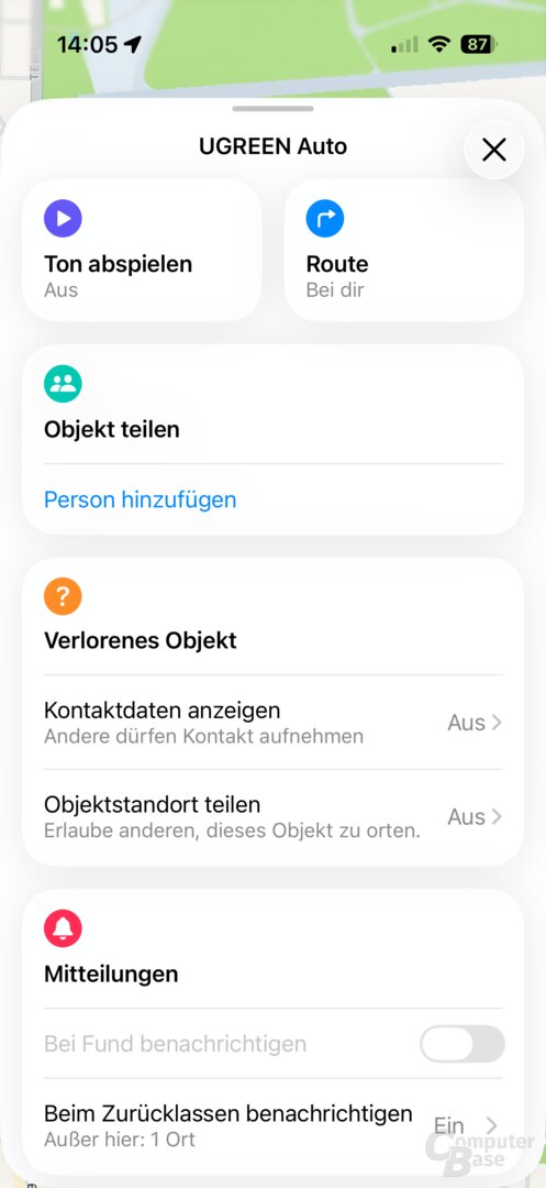 Optionen des Ugreen FineTrack Mini 2 in der Wo-ist?-App
