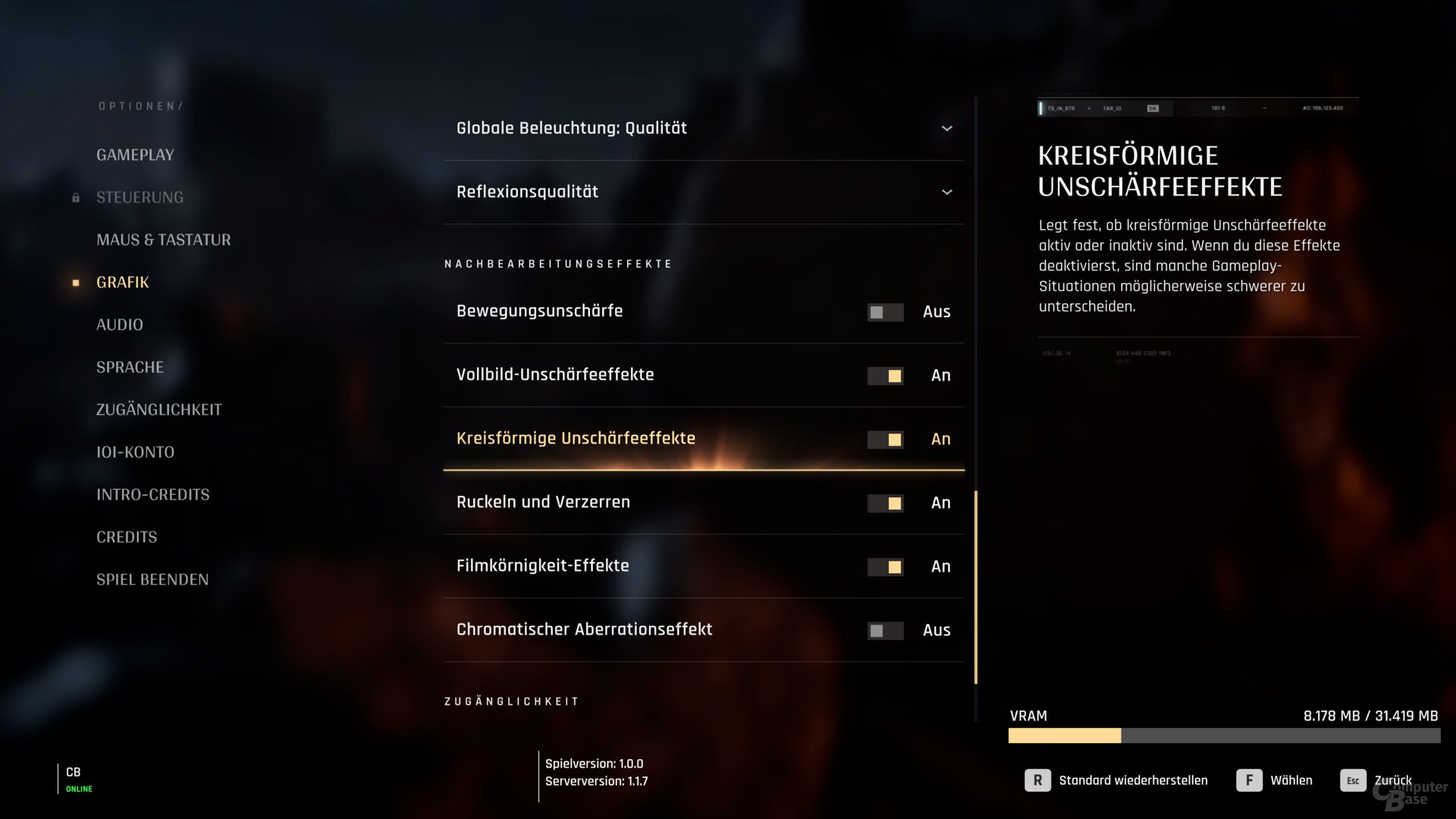 Das Grafikmenü der PC-Version