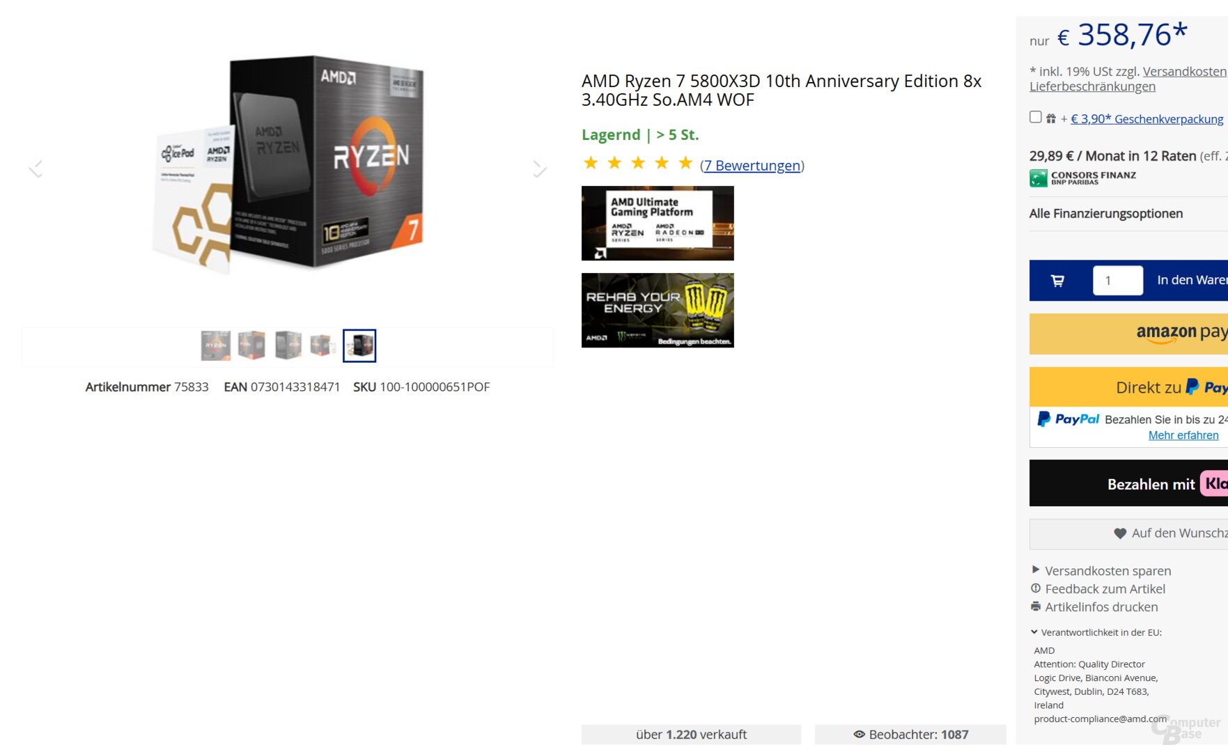 Bei Mindfactory wurde der Ryzen 7 5800X3D Anniversary bereits über 1.000 Mal verkauft