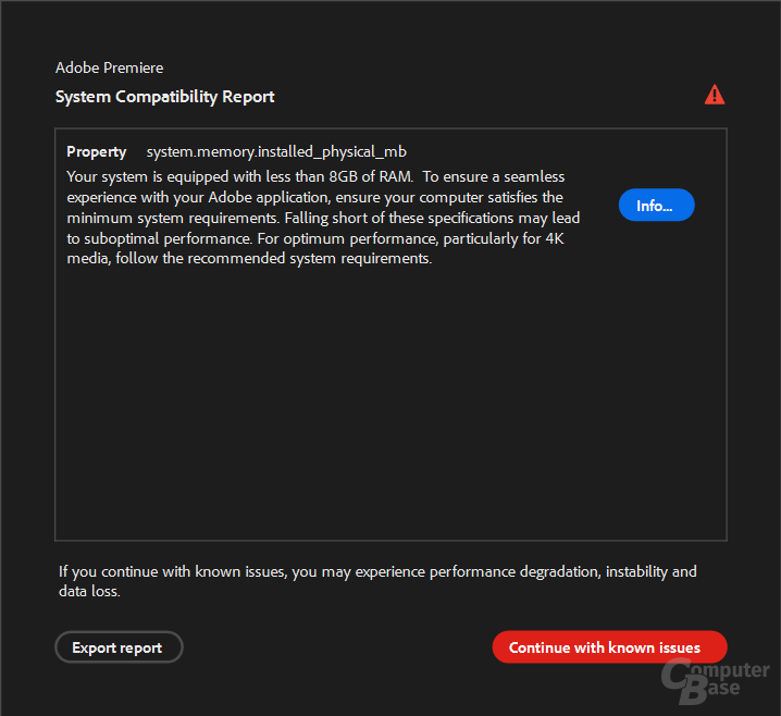 Adobe warnt vor zu wenig RAM