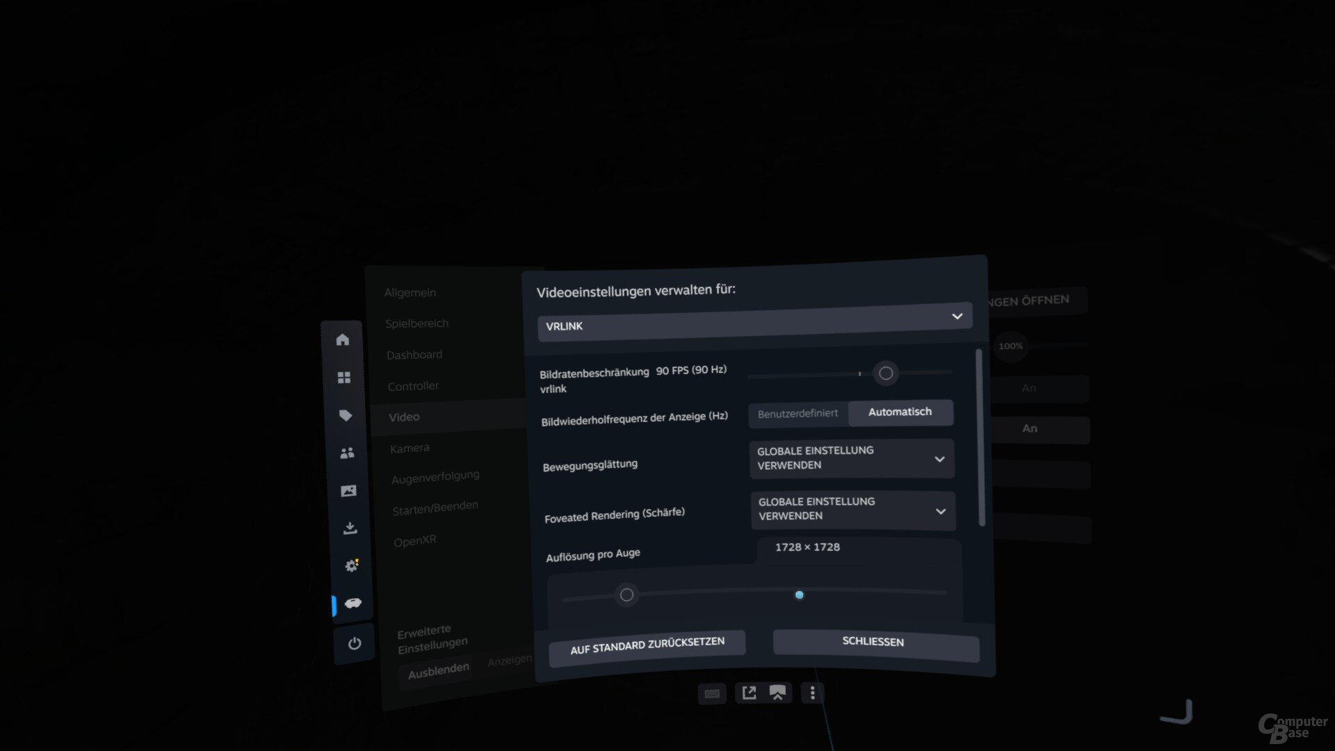 Streaming über Steam Link (VRLink) nutzt default 90 Hertz, auch hier sind abweichende Einstellungen von 72 bis 144 Hertz möglich.