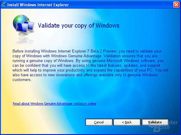 Internet Explorer 7 Beta 2 Preview - Validierungsaufforderung