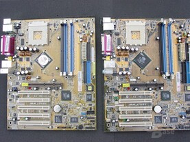 nForce 2 400 Ultra (rechts) mit rein schwarzer Northbridge/SPP