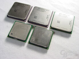 v.l.n.r.: Athlon 64 FX-53, Athlon 64 FX-51, Athlon 64 3400+, Pentium 4 Extreme Edition 3,4 GHz, Pentium 4 3,2E GHz