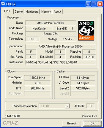 Athlon 64 2800+ - C0-Stepping und somit Clawhammer-512 Kern