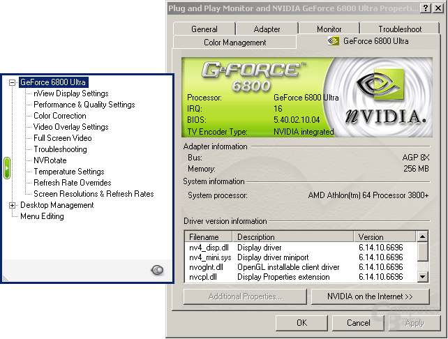 Treibermenü des 66.96 für Windows XP-64