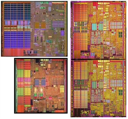 Prescott-2M- (oben links), Prescott- (unten links) und Smithfield-Core (rechts) verdeutlichen, dass es sich beim Pentium D und Pentium Extreme Edition um die Kombination zweier Prescott-Kerne handelt.