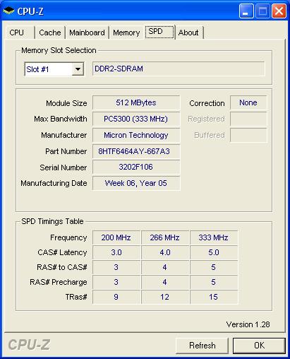 Single Sided 512 MB Micron DDR2-667 SPD