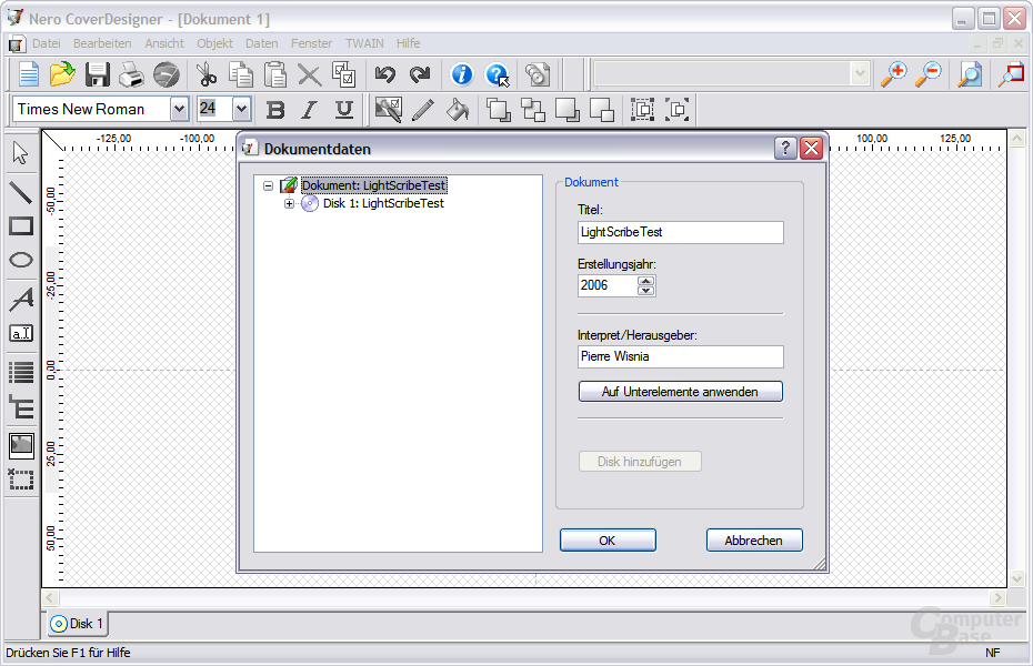LightScribe-Editor - Eingabe der Dokumentdaten