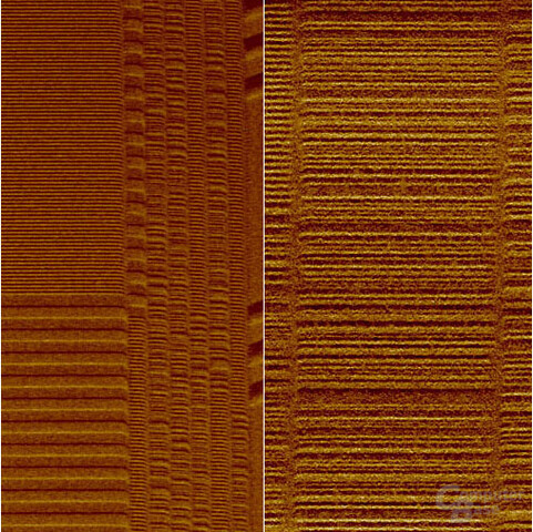 IBM Forscher packten Daten auf ein Magnetband bei einer Schreibdichte von 6,67 Milliarden Bits pro Quadrat-Inch (links) - mehr als das Fünfzehnfache der Datendichte heutiger Industriestandard-Magnetbänder des Typs LTO3 (rechts). Das ist Weltrekord.