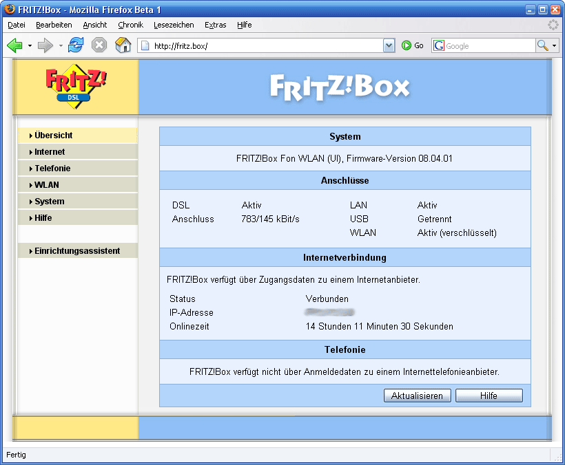 AVM Fritzbox Fon WLAN - Alte Firmware Version  08.04.01