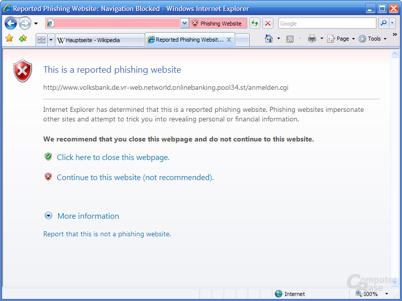 Internet Explorer 7 RC1 – Phishing-Warnung