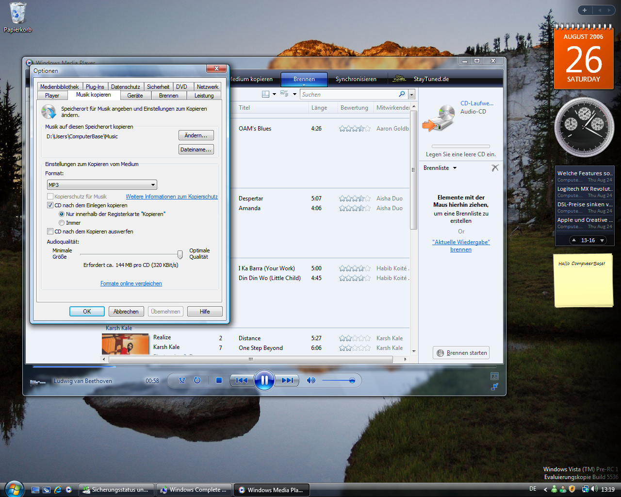 Windows Vista Build 5536 - Media Player 11 mit vollem MP3-Encode-Support