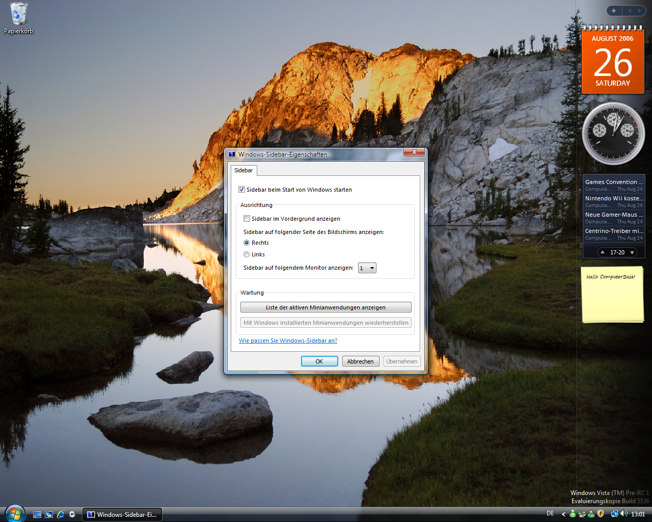 Windows Vista Build 5536 - Sidebar und Gadgets Optionen