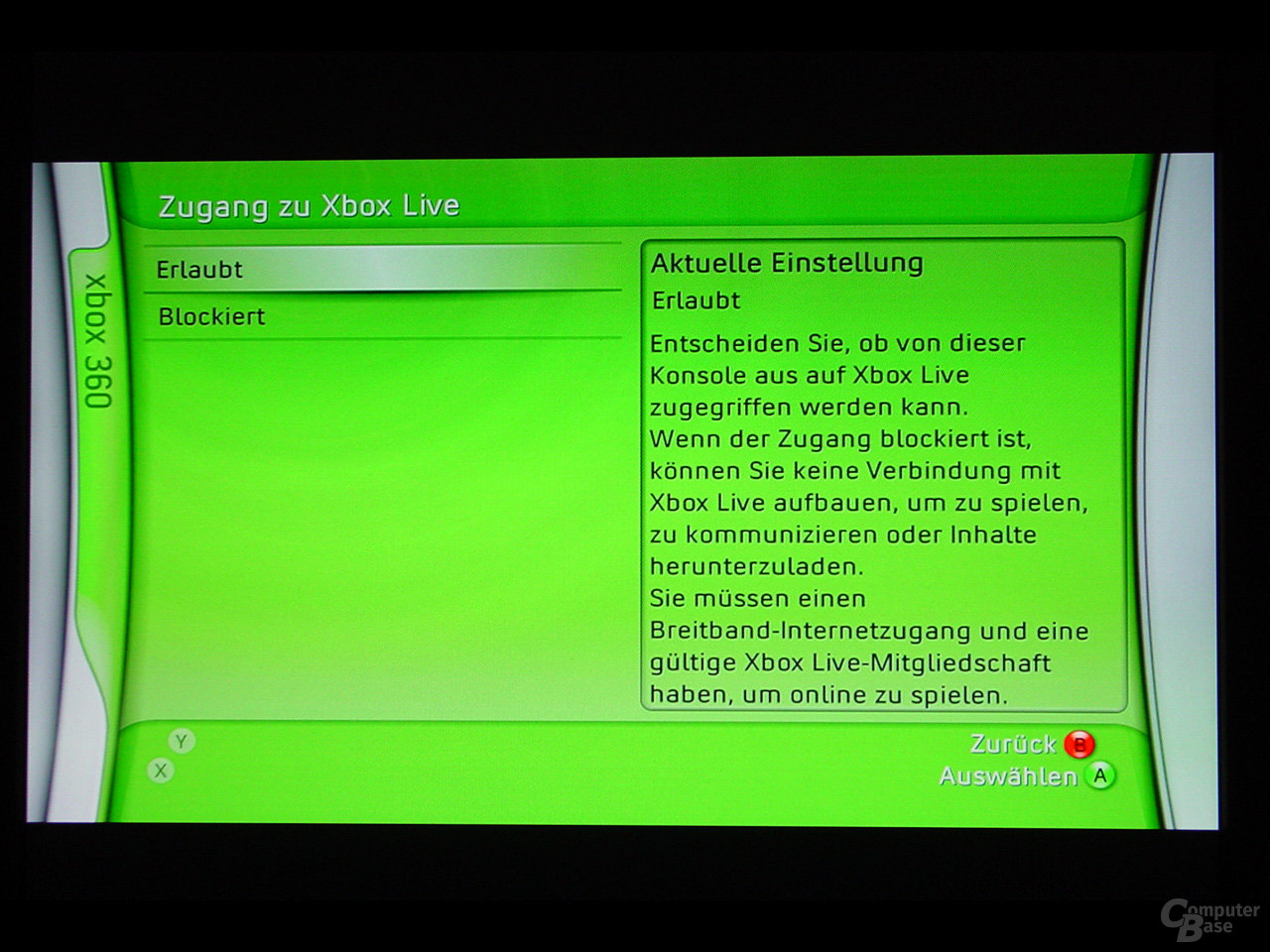 Benutzeroberfläche - Zugang zu Xbox Live erlauben