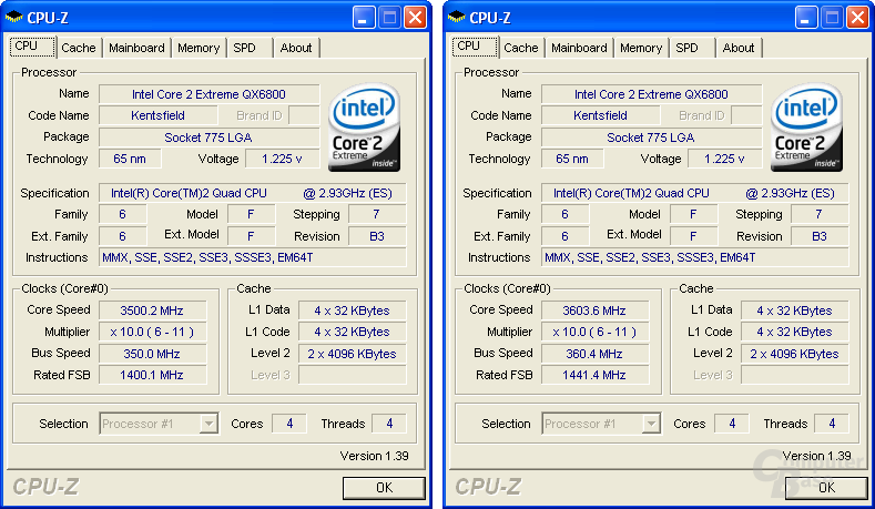Intel Core 2 Extreme QX6800 (Overclocking) –  3,5 GHz (stabil) und 3,6 GHz (instabil) bei Luftkühlung