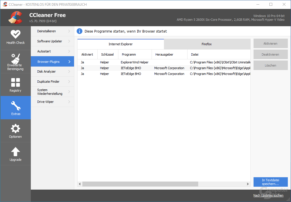 CCleaner – Extras: Browser-Plugins