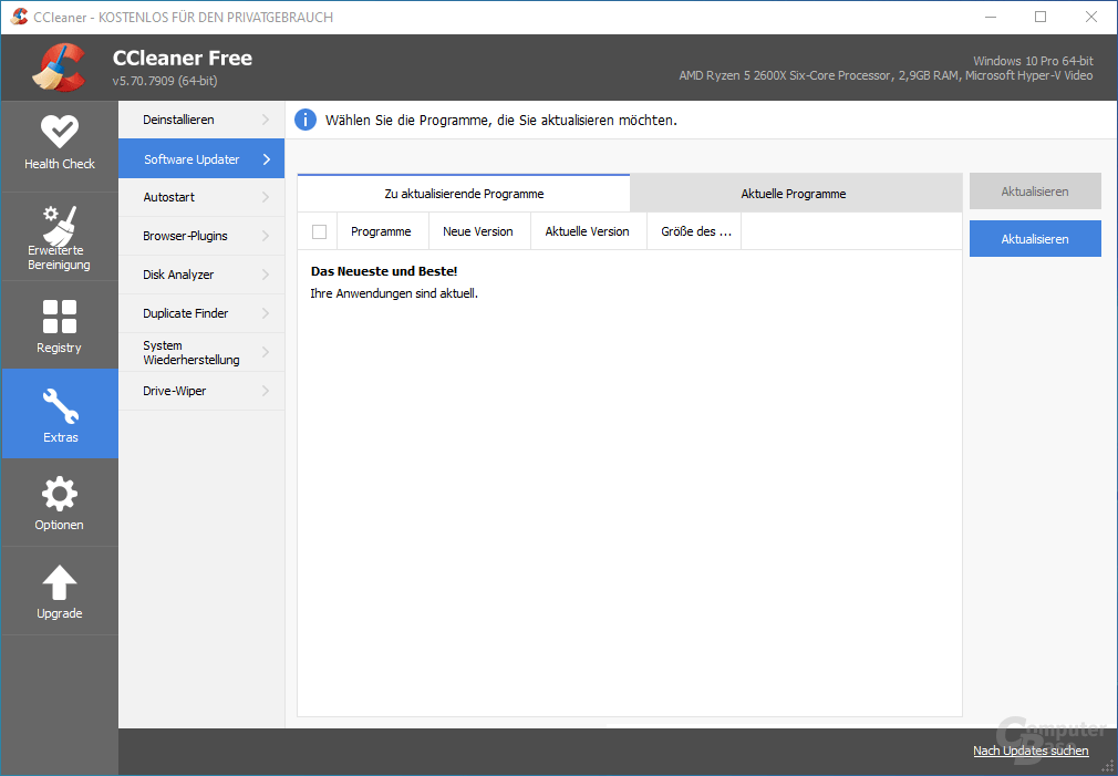 CCleaner – Extras: Software Updater