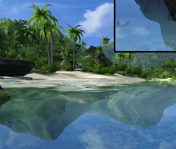 „Far Cry“ (2004): Die Reflexionen im Wasser zeigen lediglich die Berge, nicht jedoch die Bäume. Bei genauer Betrachtung der Reflexionen sieht man, dass deren Auflösung geringer ist als die der restlichen Welt.